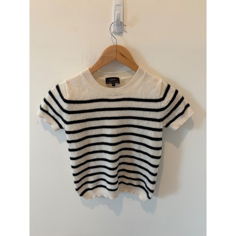 Quince 100% Mongolian Cashmere Short Sleeve Striped Crewneck Sweater XS Ivory